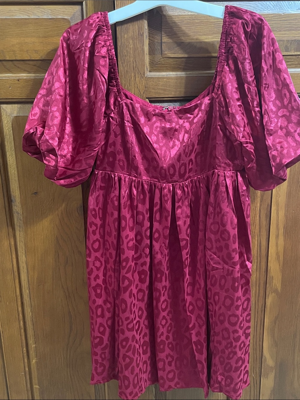 Shop Neighbor Burgundy Satin like Leopard-Print Puff Sleeve Dress NWT Sz. S cute